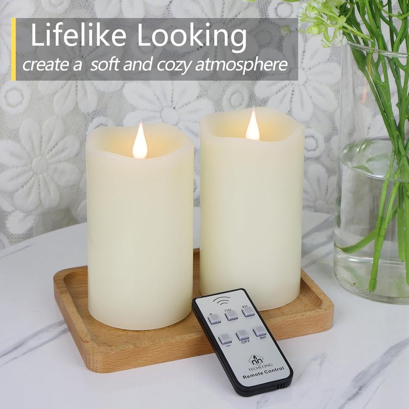 TECHLONG Flameless Candles Battery Operated with Remote Timer, 3D Moving Flame Flickering, Last 600+ Hours Battery Candles, 3" x 5" Ivory Real Wax Electric LED Candle for Wedding Party, Set of 2 - Image 3